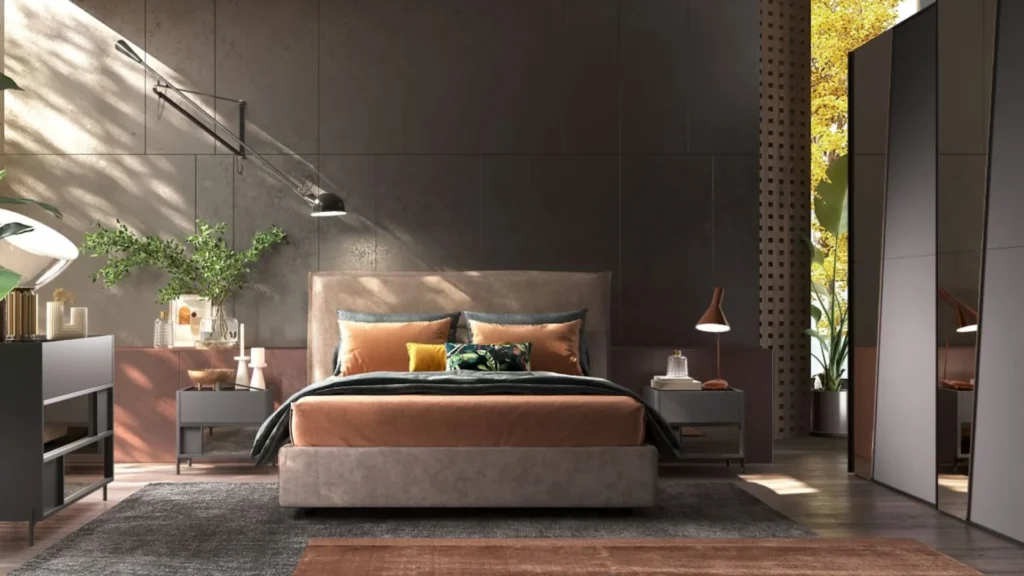 Vista frontale di un'elegante camera da letto matrimoniale moderna Trapezio di Behome