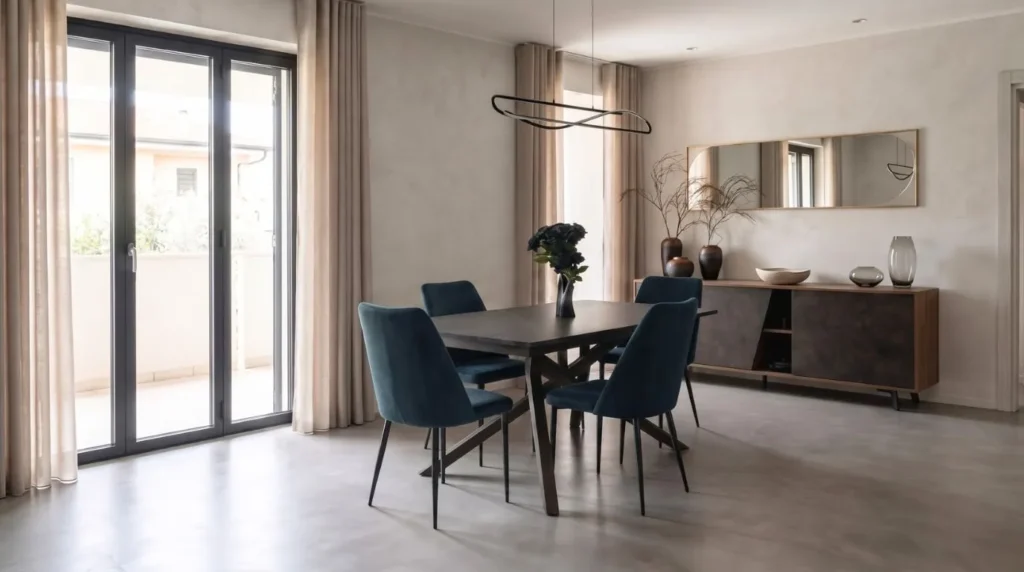 Tavolo modello Salina effetto marmo e sedie Fosca in un living moderno arredato da BEHOME
