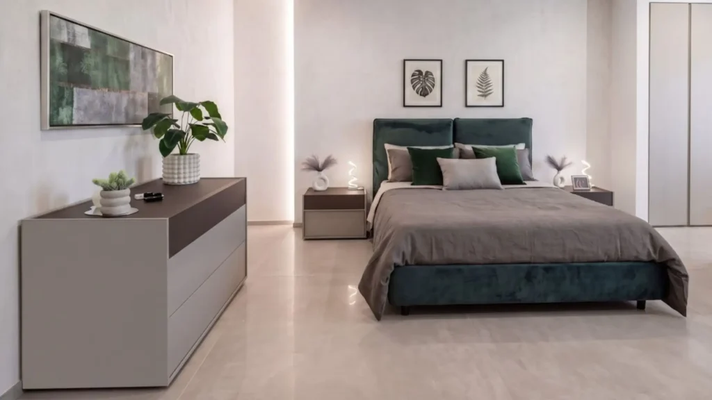 Camera da letto moderna con Letto Giove e Gruppo Notte Papiro con finitura soft-touch
