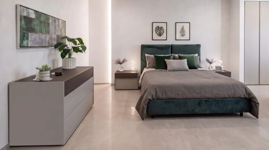 Camera da letto moderna con Letto Giove e Gruppo Notte Papiro con finitura soft-touch
