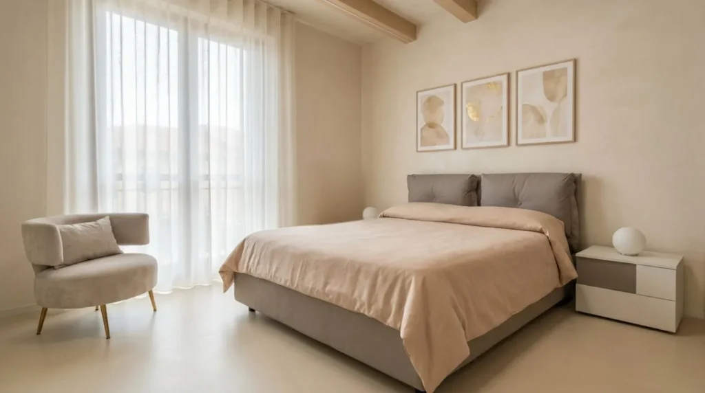Cameretta moderna modulare modello Mila in finitura legno Cenere Wood e panna, con soluzioni salvaspazio
