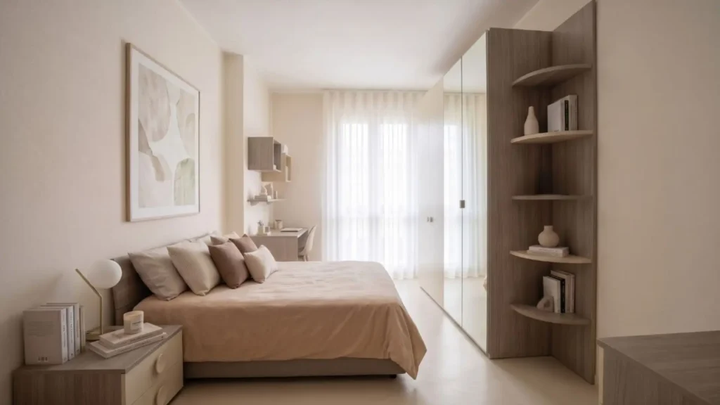 Camera da letto matrimoniale dai toni neutri per ingrandire visivamente gli spazi con Letto Amelia