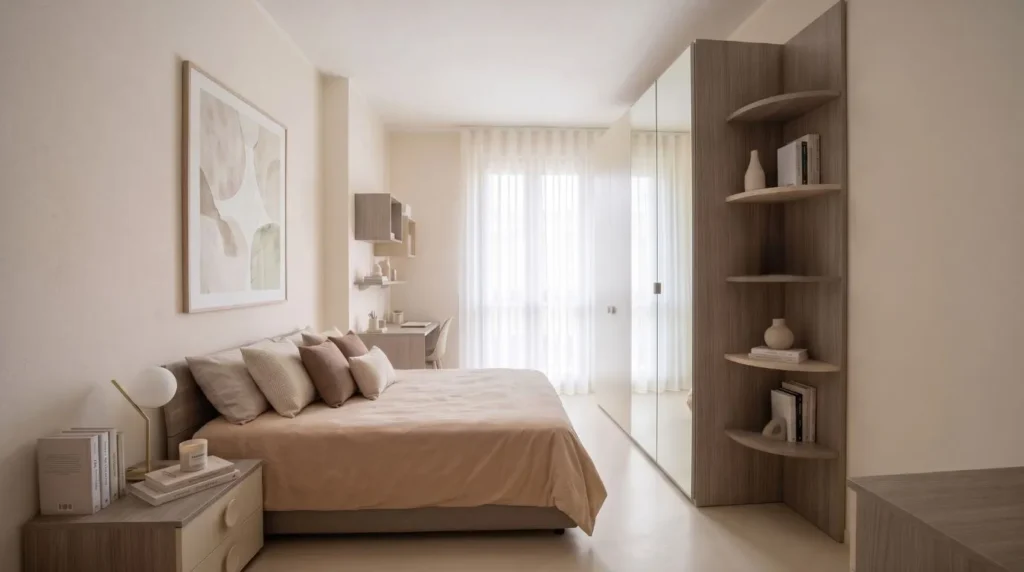 Camera da letto matrimoniale dai toni neutri per ingrandire visivamente gli spazi con Letto Amelia