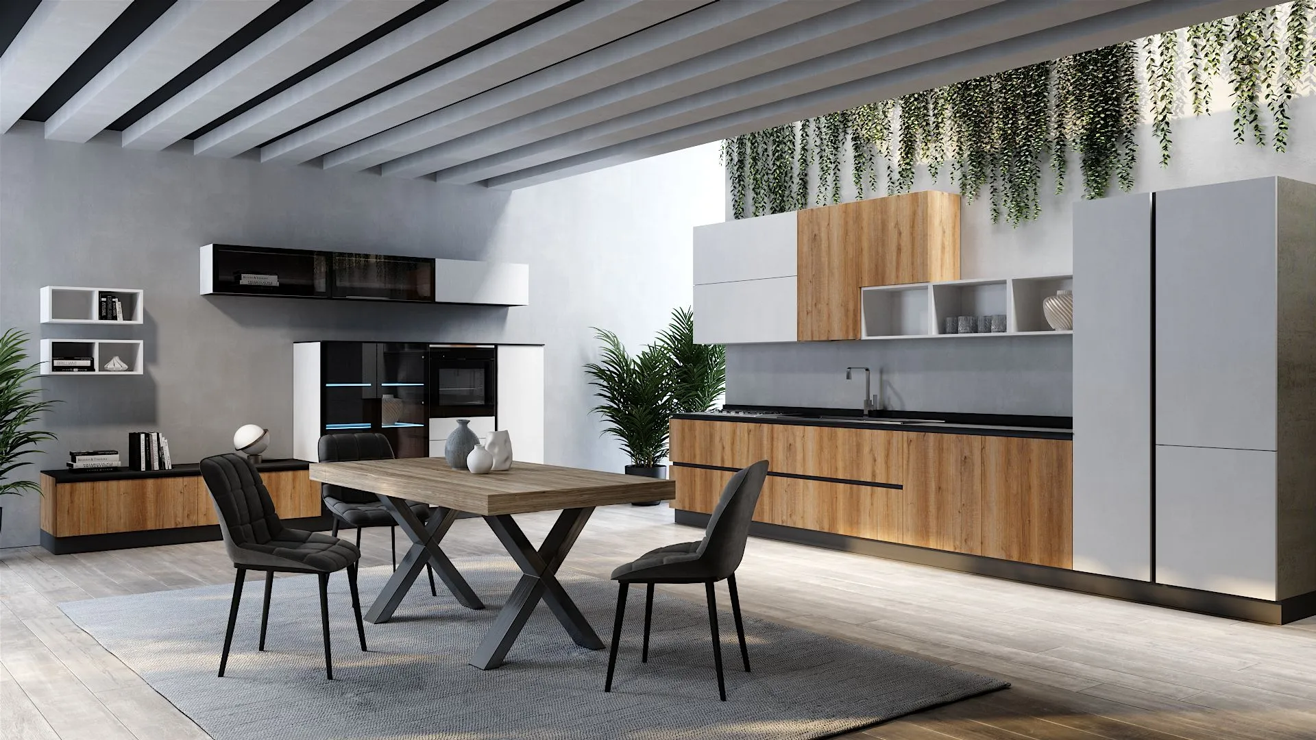 Cucina angolare Dafne Clean di BEHOME con basi in legno, colonne bianche, tavolo centrale e tre sedie scure.