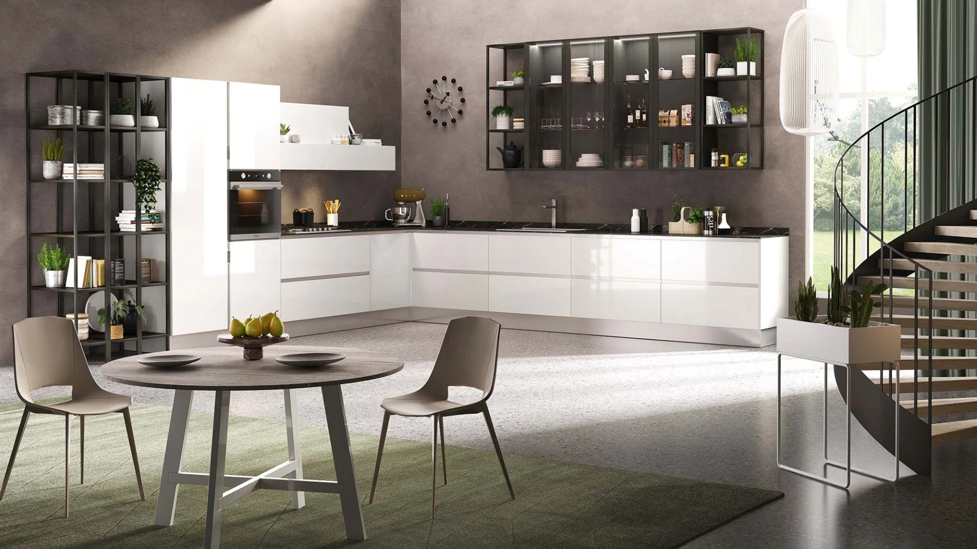 Cucina angolare Dafne Gold di BEHOME con mobili bianchi lucidi, top scuro, libreria a giorno e tavolo con sedie.