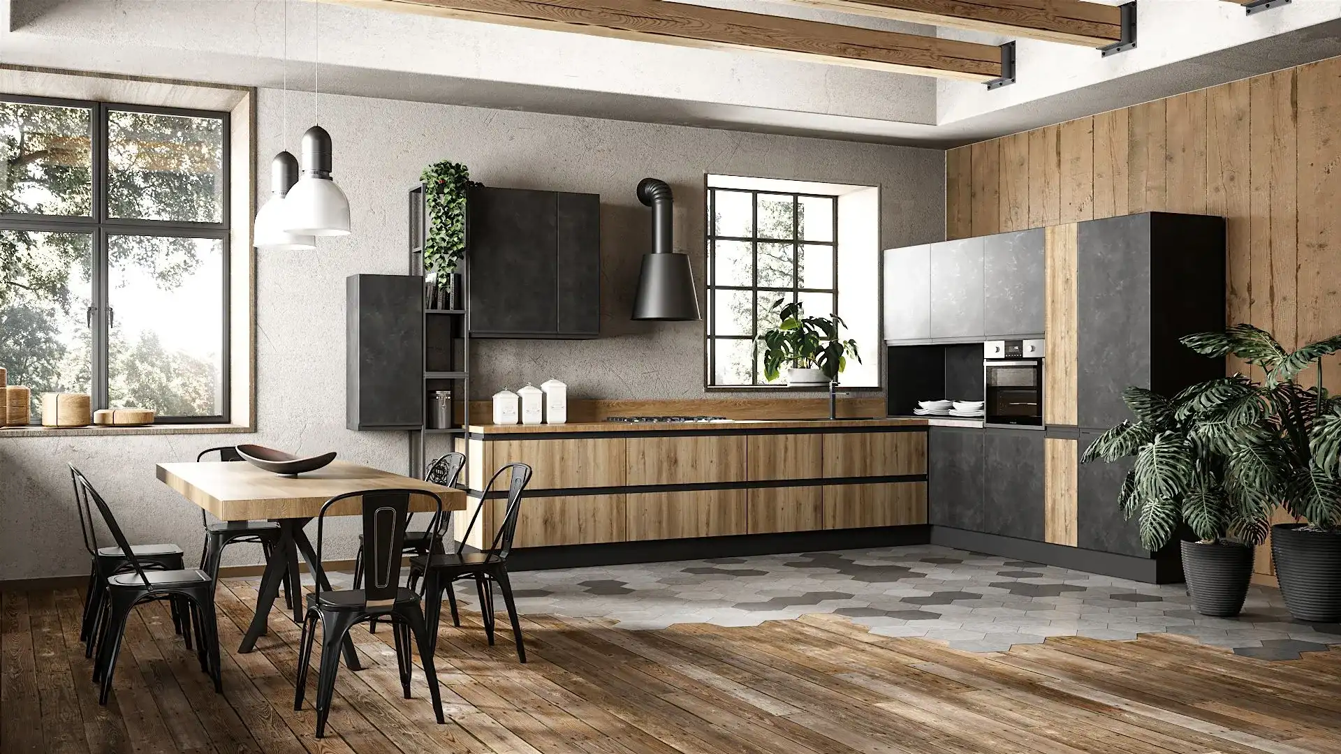 Ampia Cucina Angolare Ines Industrial: basi in legno, colonne antracite, cappa a vista, tavolo e sedie in metallo nero.