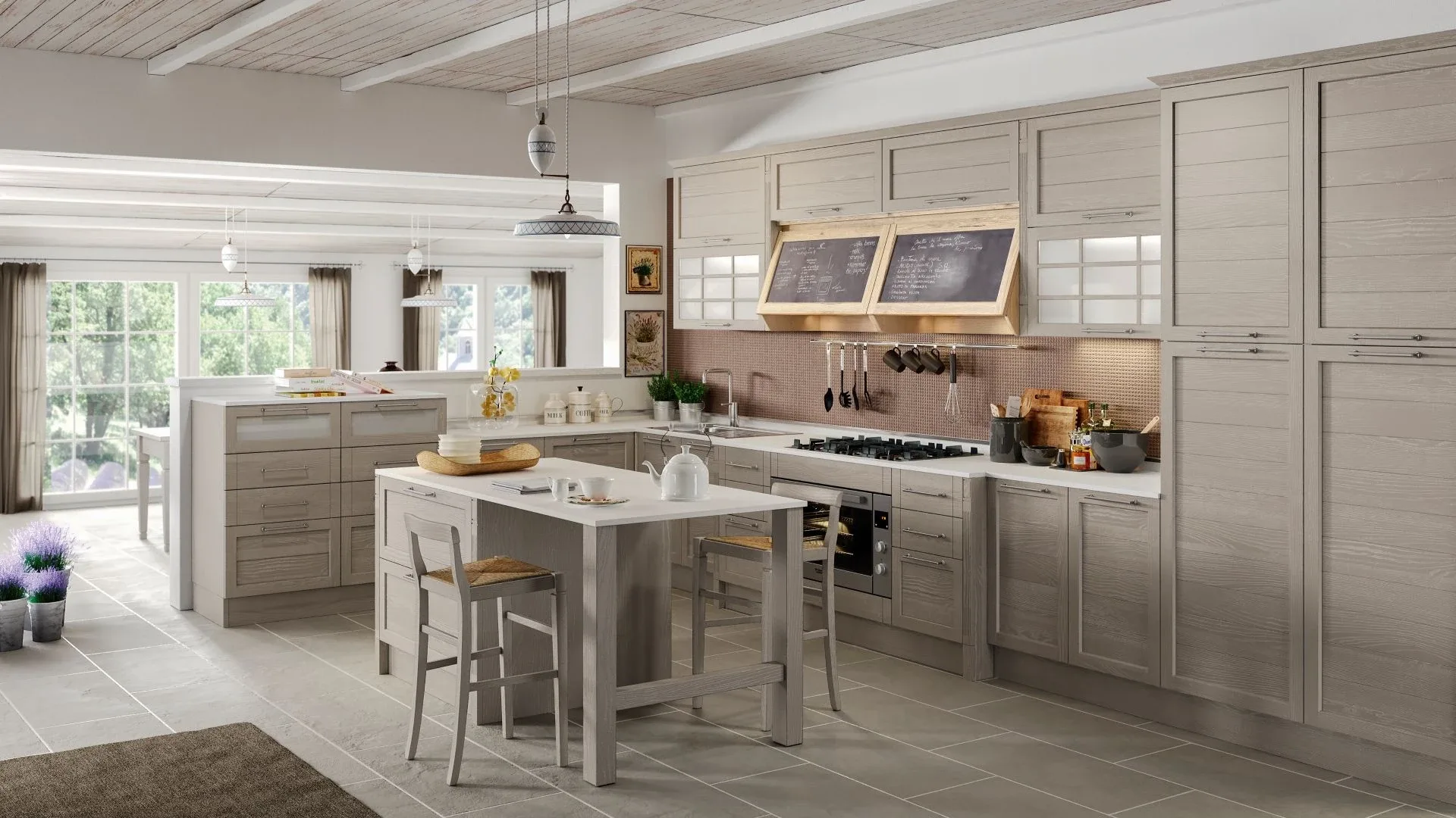 Ampia cucina classica Glenda Wood in finitura chiara, dotata di isola con sgabelli, piano bianco e pensili a lavagna.