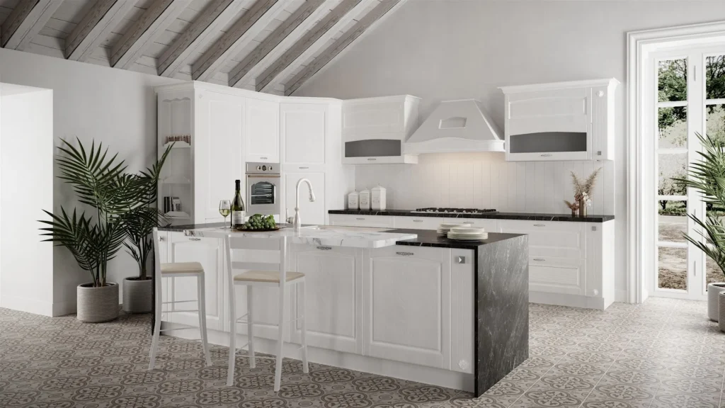 Cucina classica Madrid White di BEHOME: isola bianca, top scuro a contrasto e due sgabelli.