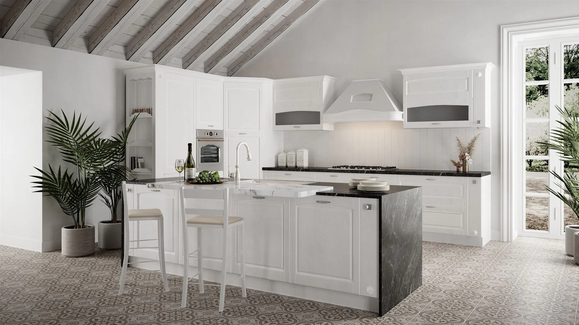 Cucina classica Madrid White di BEHOME: isola bianca, top scuro a contrasto e due sgabelli.