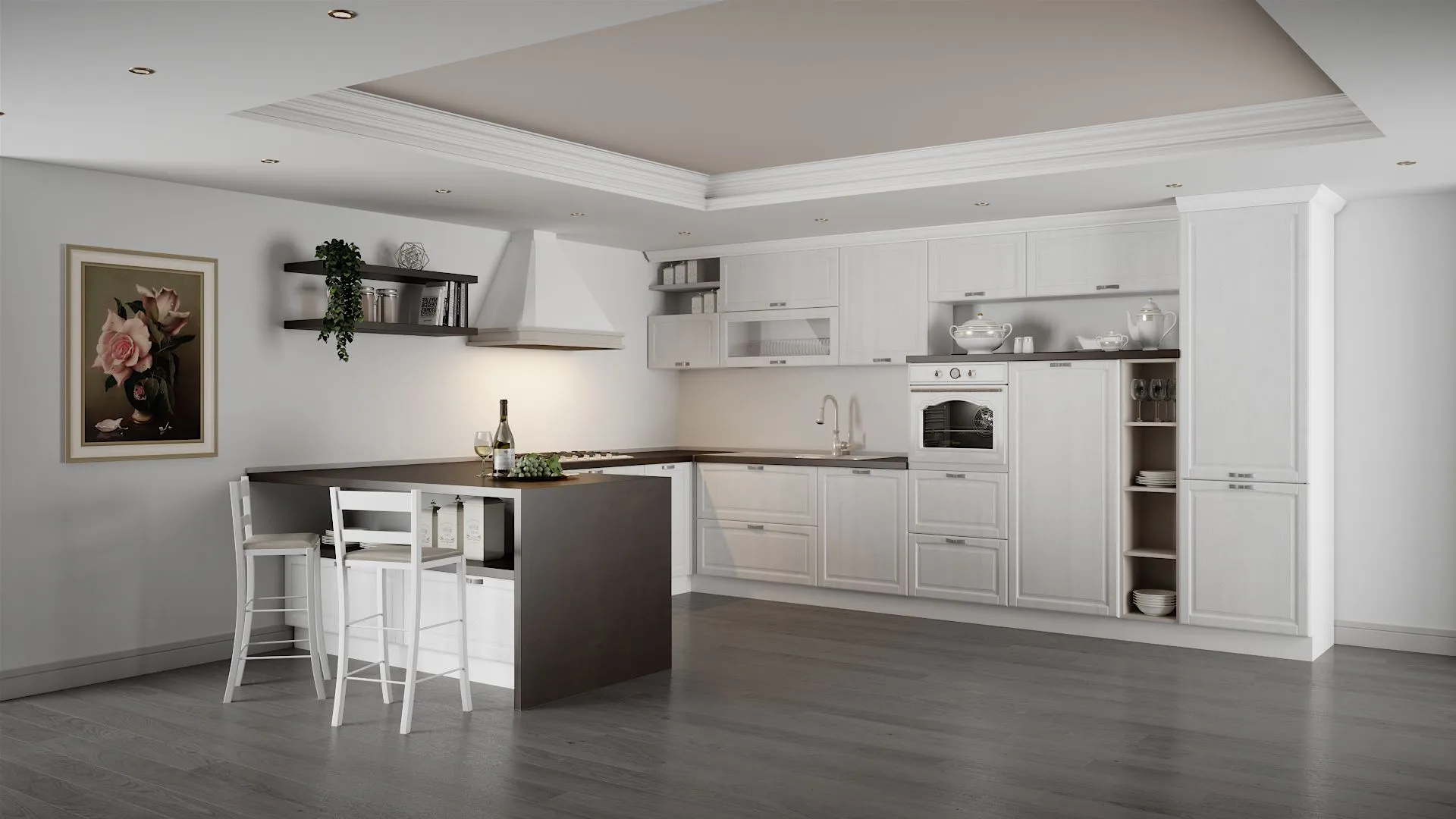 Cucina Classica con penisola Madrid Now BEHOME, mobili bianchi con top scuro, penisola con due sgabelli, quadro rosa.