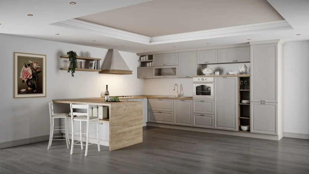 Cucina classica con penisola Madrid Up BEHOME: mobili grigio chiaro, top in legno e due sgabelli bianchi.