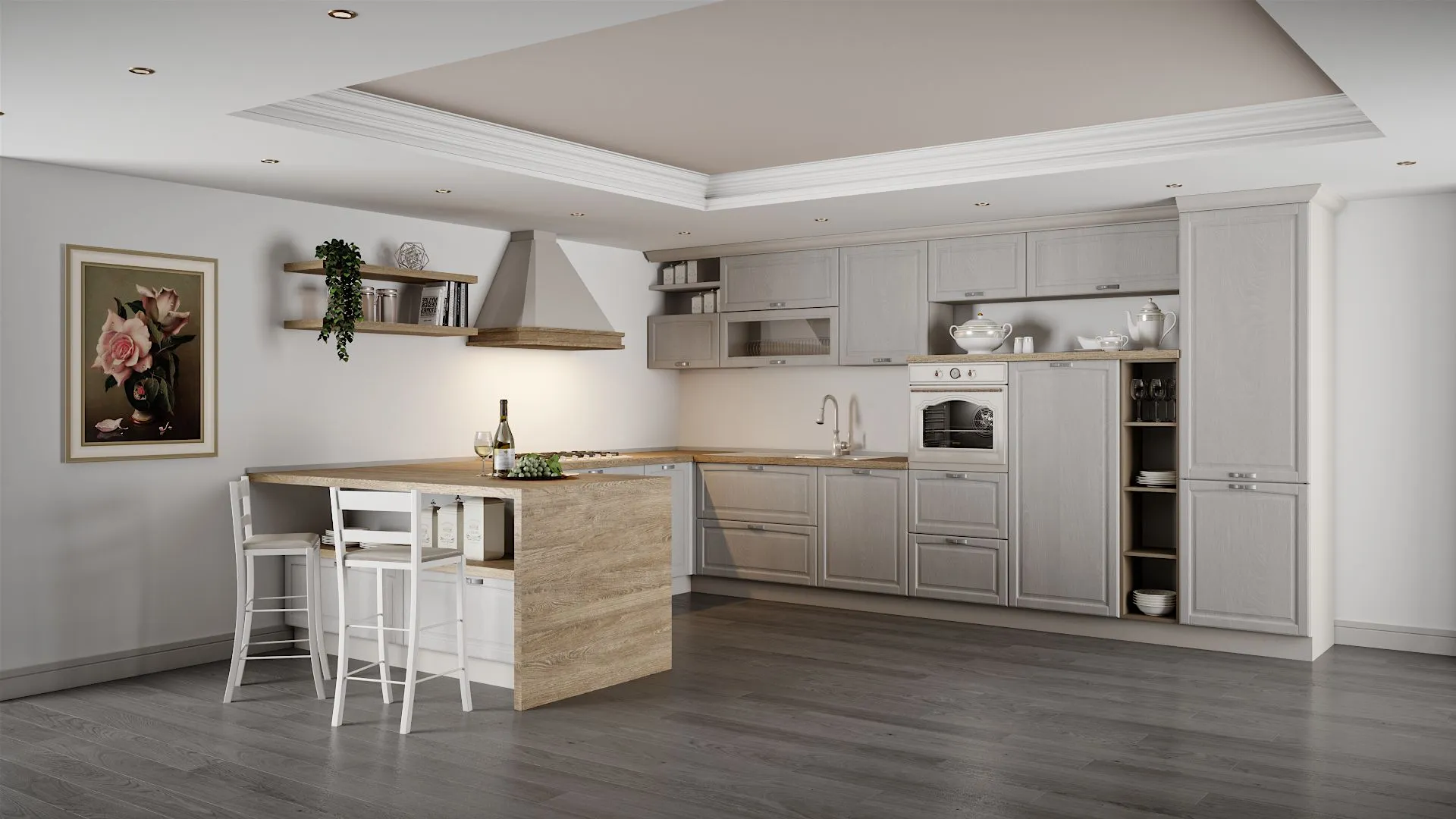 Cucina classica con penisola Madrid Up BEHOME: mobili grigio chiaro, top in legno e due sgabelli bianchi.