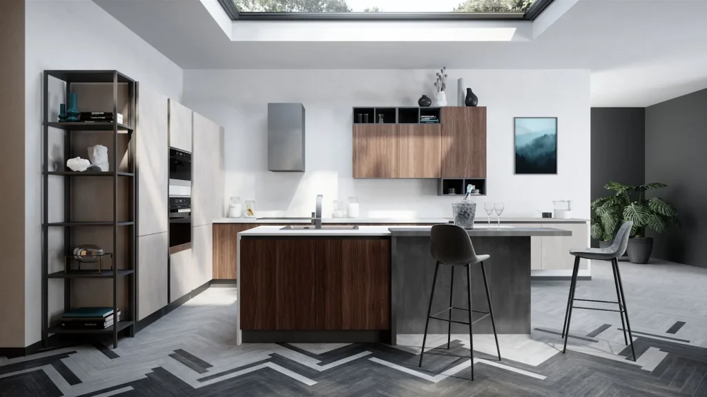 Cucina Con Isola Dafne Wood: isola in legno e top bianco, banco snack grigio con due sgabelli e colonne chiare con forni.