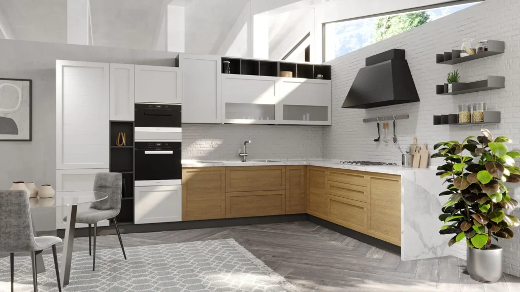 Ampia Cucina Moderna Glenda Gold angolare: basi in legno, colonne bianche con forni, cappa scura, tavolo e sedie grigie.