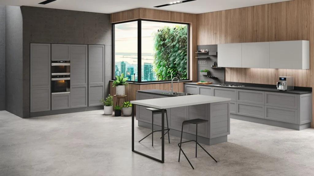 Cucina con isola Glenda In di BEHOME: mobili grigi, isola bianca, colonne con doppio forno e parete in legno.