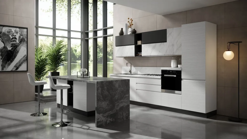 Cucina con isola Lumina On di BEHOME: mobili chiari effetto marmo, pensili neri, isola scura e due sgabelli.