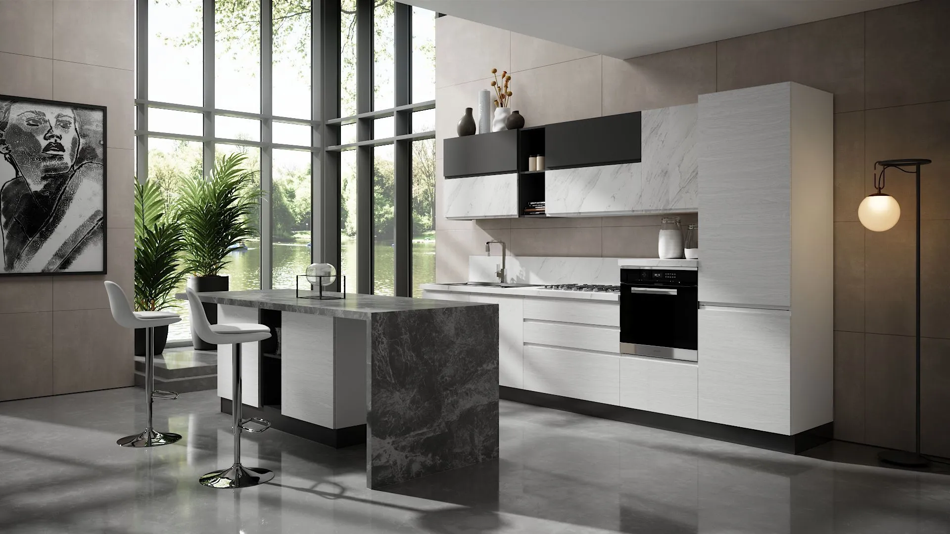 Cucina con isola Lumina On di BEHOME: mobili chiari effetto marmo, pensili neri, isola scura e due sgabelli.