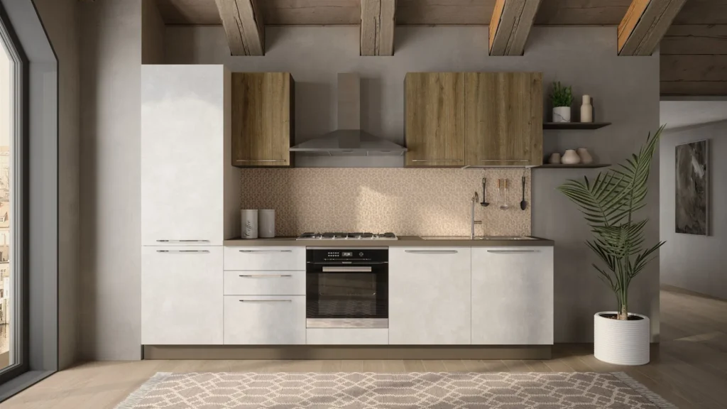 Cucina Karma Style BEHOME lineare: basi grigie effetto cemento, pensili legno e cappa inox, travi a vista.