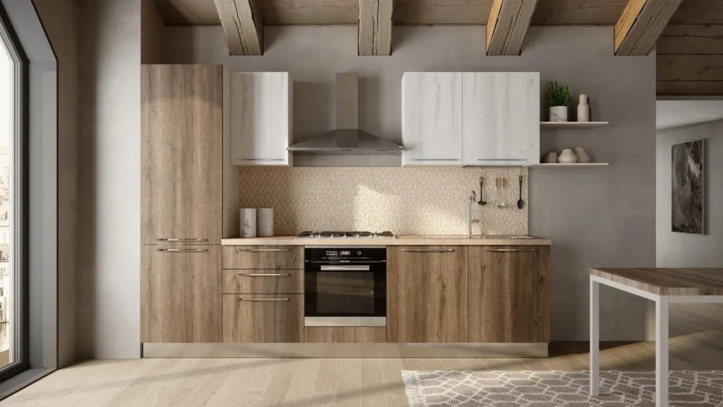 Cucina Lineare Karma Gold in legno e bianco