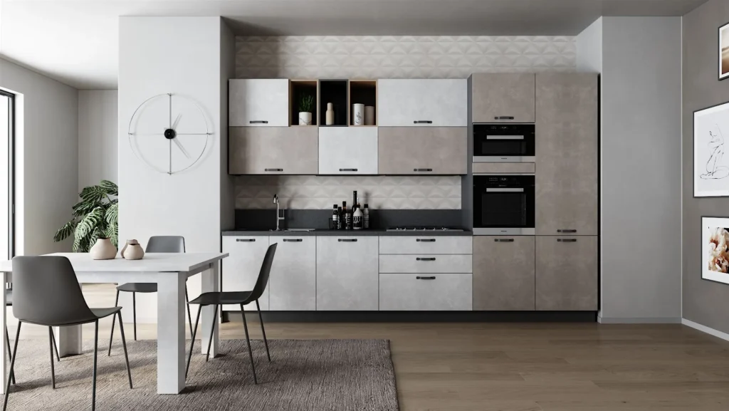 Cucina Lineare Karma In grigio chiaro con doppi forni, tavolo da pranzo con sedie scure