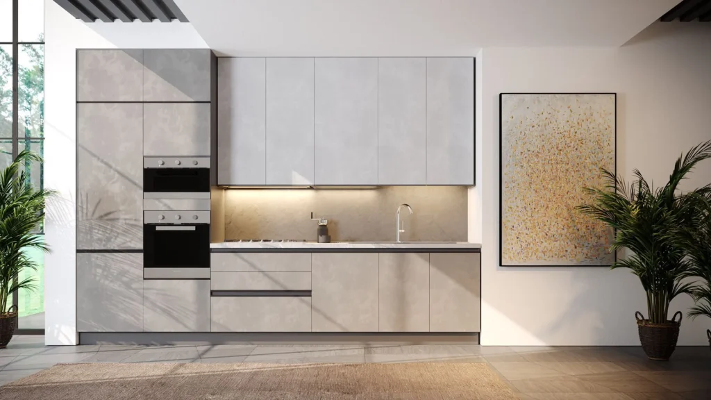 Cucina Lineare Karma Lux grigio cemento: colonne con doppi forni, pensili coordinati, top chiaro e quadro moderno.