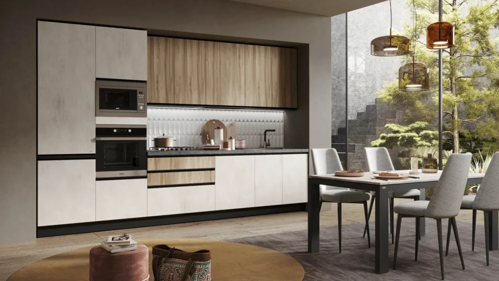 Cucina Lineare Karma Top con pensili in legno, basi chiare