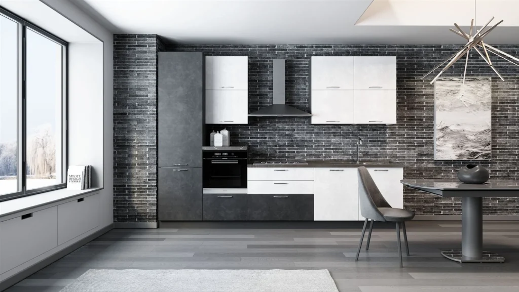 Cucina Lineare Karma Up bicolore bianca e grigia, con cappa a vista, sfondo in mattoni scuri