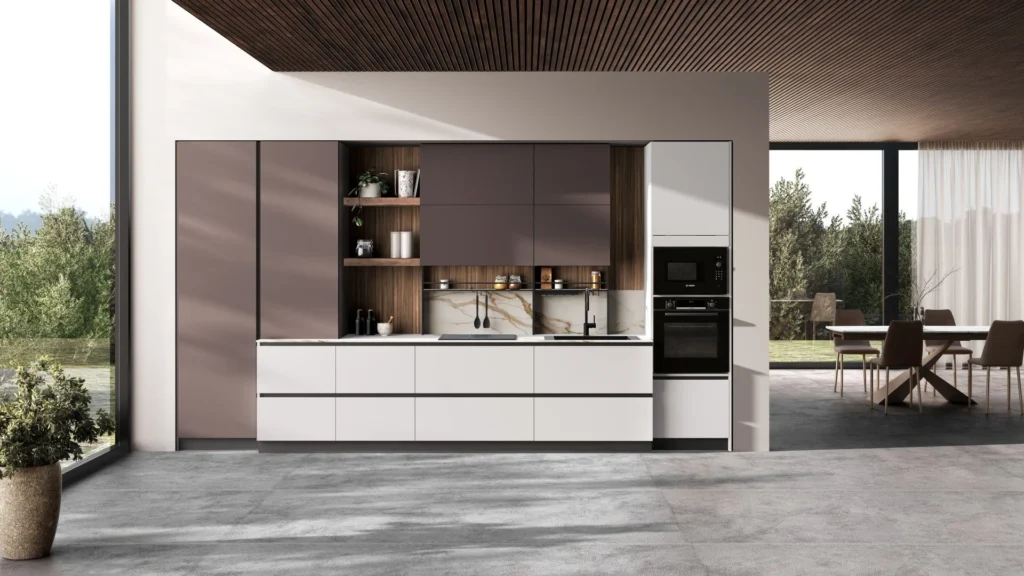 Cucina lineare Libra Gold BEHOME moderna con finitura bianca e tortora, dettagli in legno, top effetto marmo ed elettrodomestici a colonna.