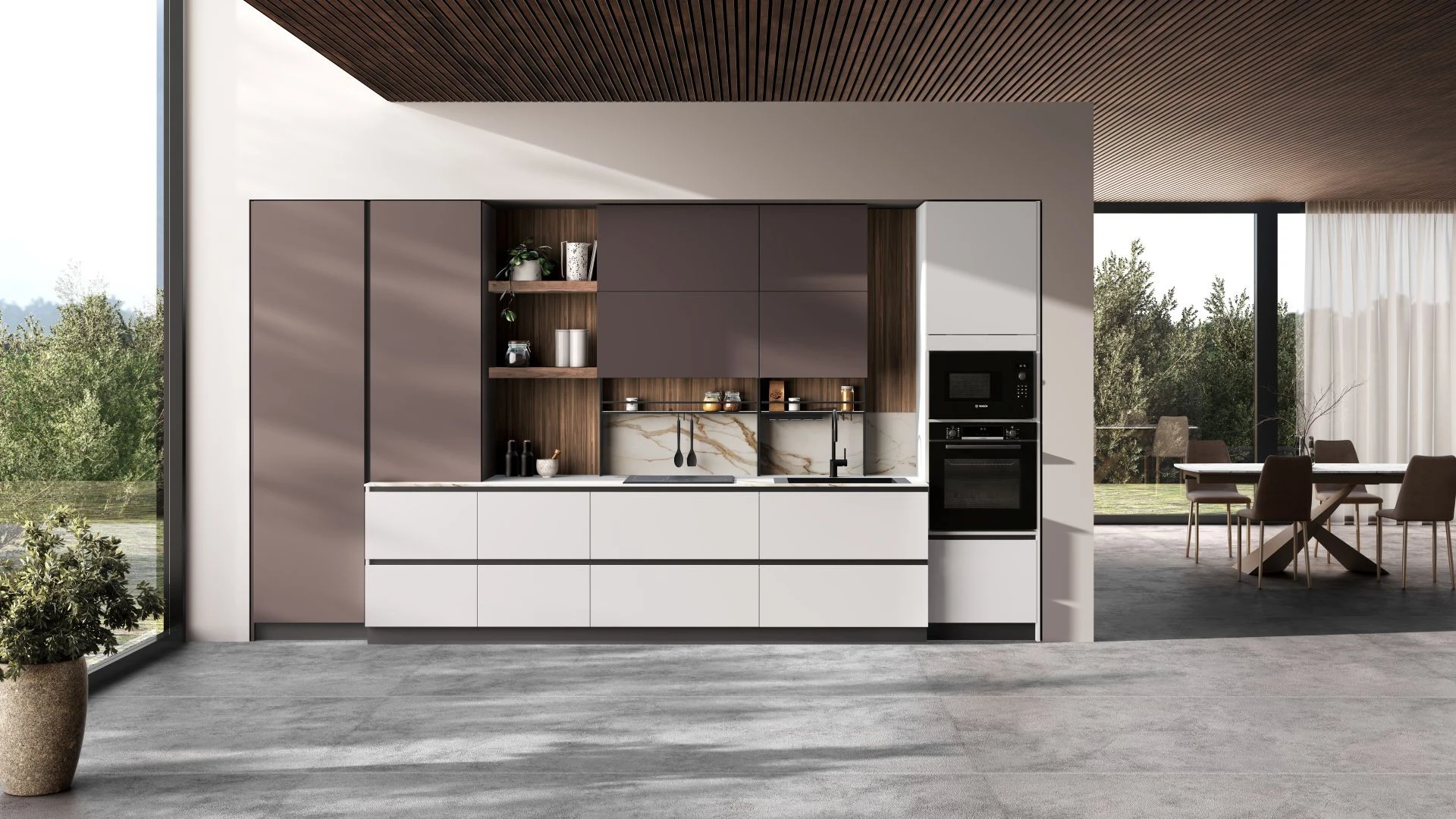 Cucina lineare Libra Gold BEHOME moderna con finitura bianca e tortora, dettagli in legno, top effetto marmo ed elettrodomestici a colonna.
