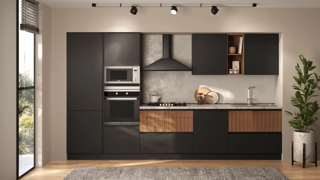 Cucina lineare Palio Luce di BEHOME con mobili neri, cassetti in legno cannettato, cappa nera e doppio forno.