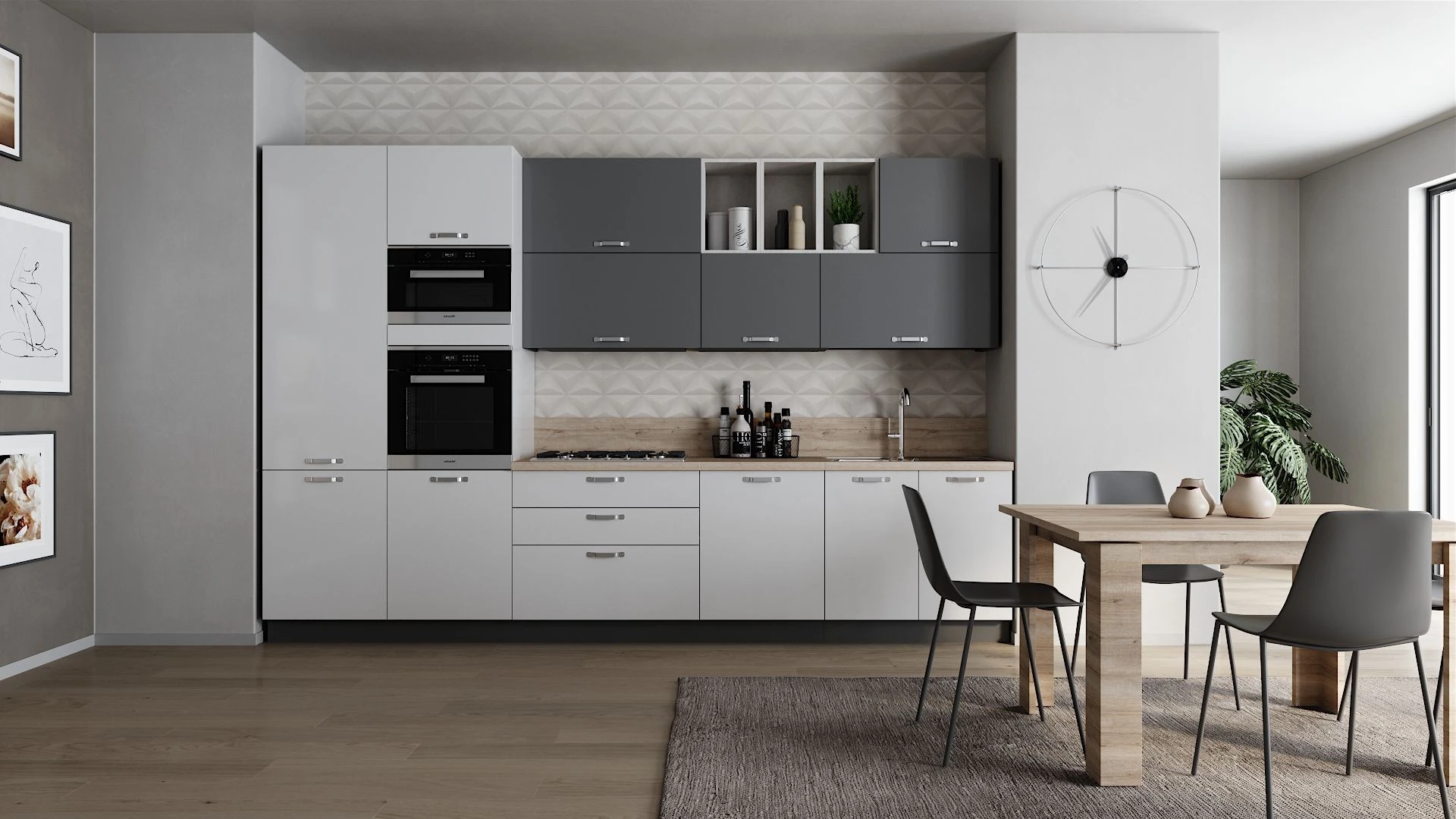 Cucina lineare Palio Smart di BEHOME con mobili bianchi e grigi, doppio forno, tavolo in legno e sedie nere.