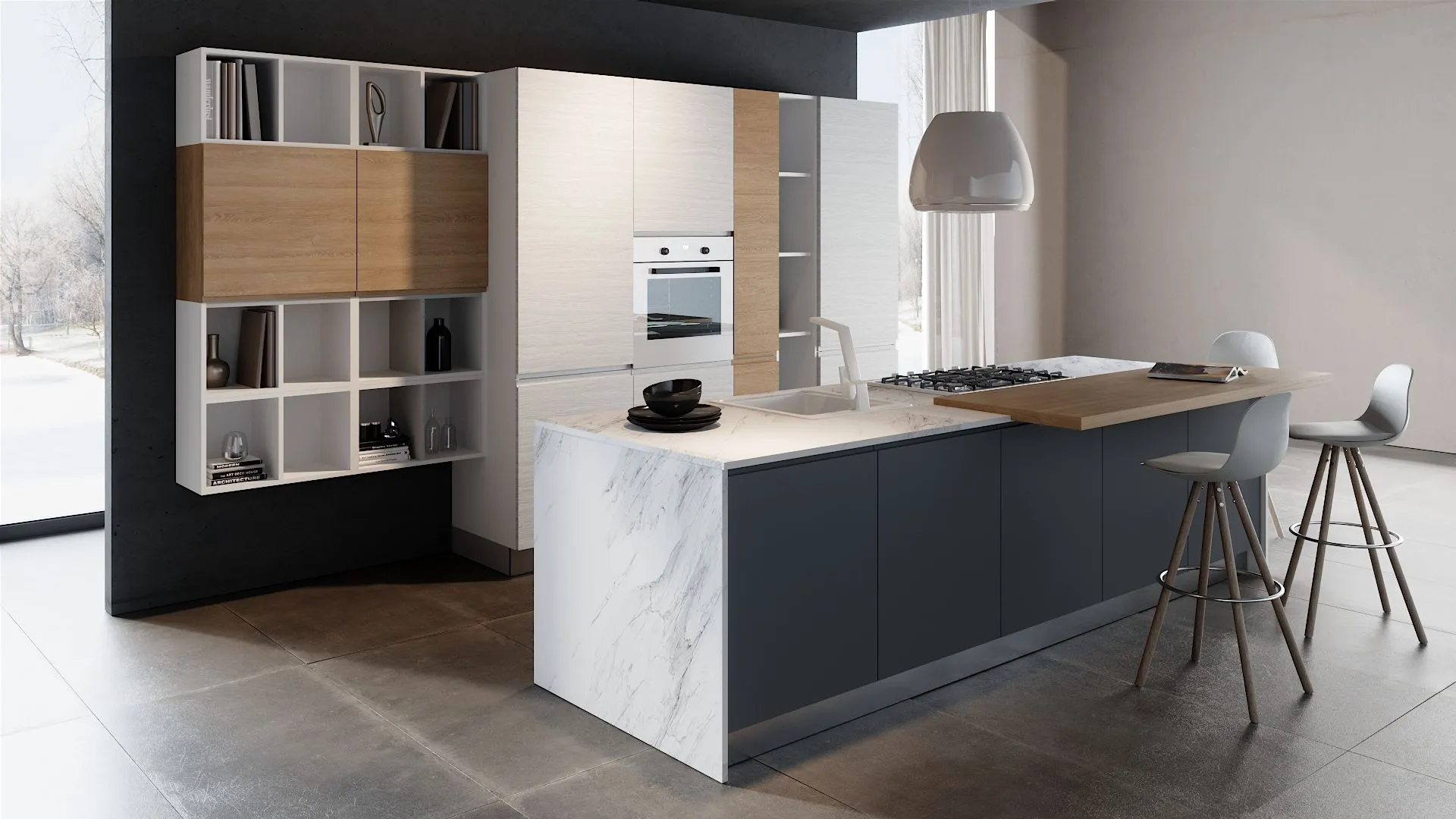 Moderna cucina Lumina Dark BEHOME con isola scura, top in marmo bianco, piano in legno e sgabelli.