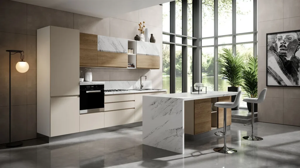 Moderna cucina Lumina Top BEHOME: isola effetto marmo, mobili chiari, dettagli in legno e ampie vetrate.