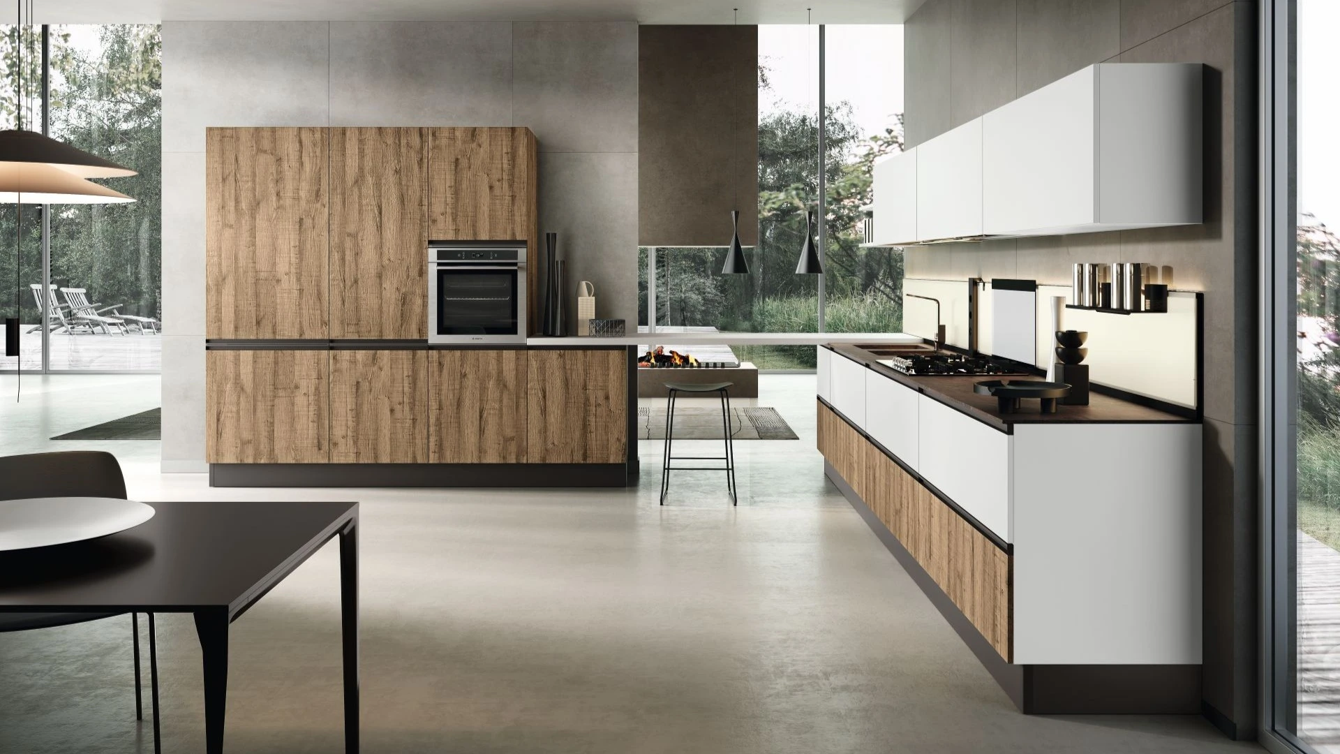 Visione laterale della cucina moderna angolare Moon di BEHOME con mobili in legno, elementi bianchi e top scuro.