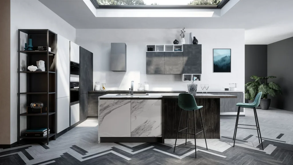 Ampia Cucina Moderna Dafne Even con penisola in marmo e legno, sgabelli verdi, libreria in metallo e pavimenti decorati.
