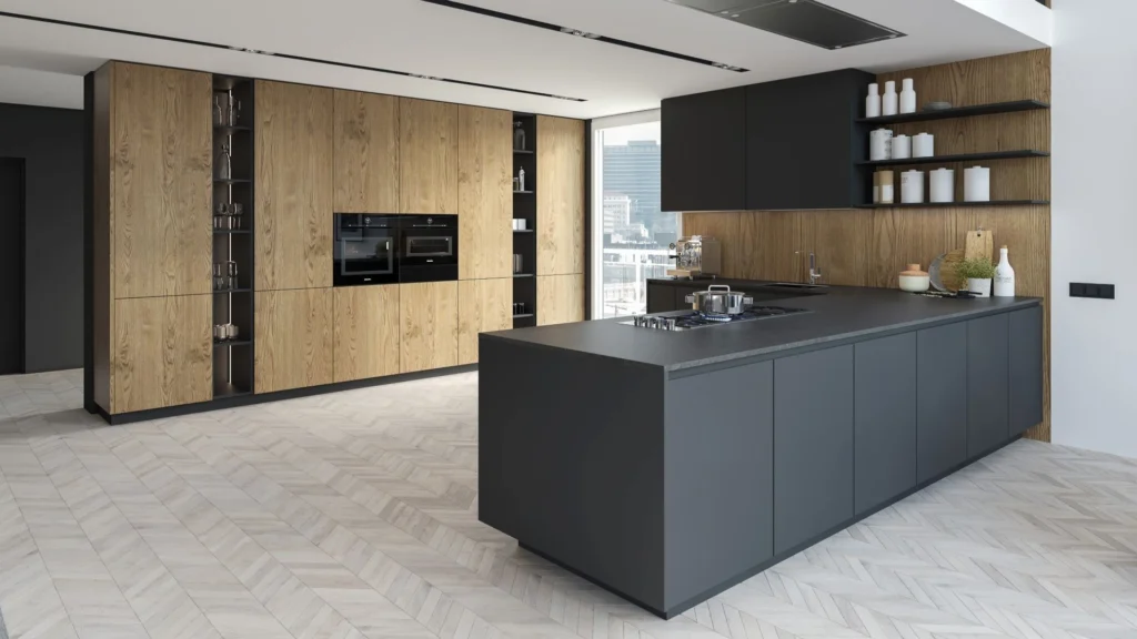 Dettaglio della cucina moderna Dafne Wild con isola scura, forni a incasso e pensili in legno