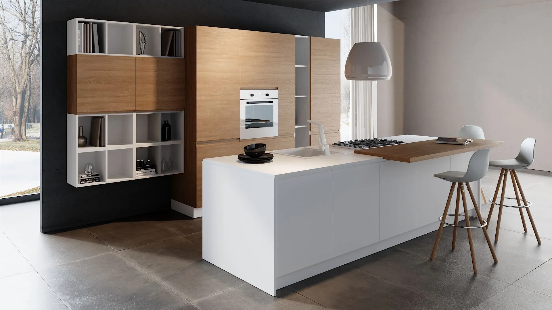 Open space con cucina moderna Lumina Wood, isola bianca, colonne in legno e scaffali aperti su parco innevato
