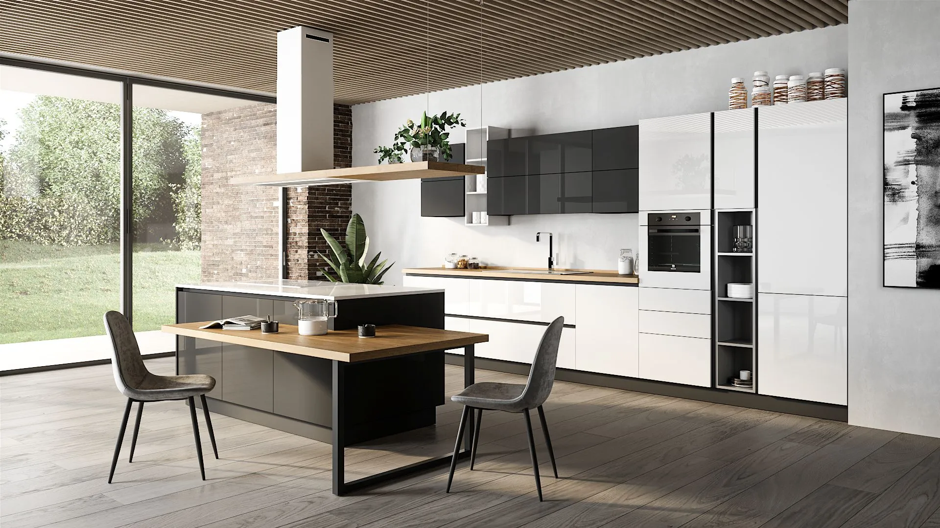 Cucina moderna Optima LU di BEHOME con isola centrale, tavolo in legno, sedie grigie e vista giardino.