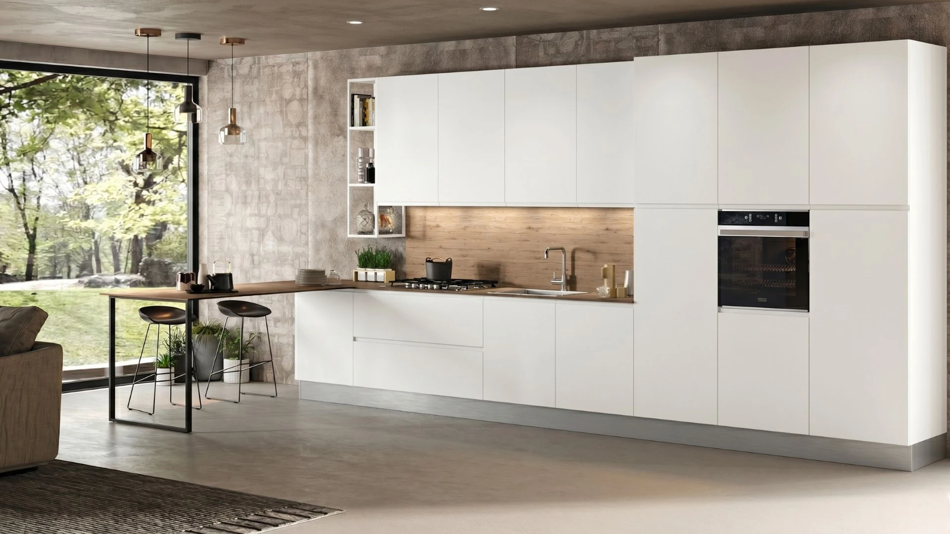 Ampia Cucina Moderna Crea Up bianca con penisola in legno, sgabelli neri, schienale luminoso e forno a incasso.