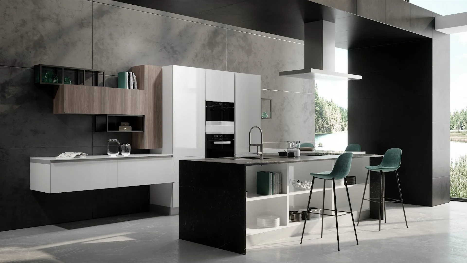 Cucina con penisola Dafne Lux di BEHOME: mobili bianchi e in legno, penisola scura con vani e due sgabelli verdi.
