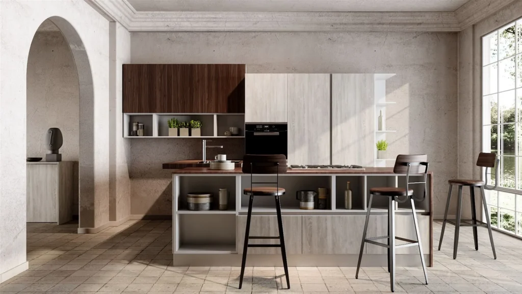 Moderna cucina Venere BEHOME: isola con vani a giorno, finiture in doppio legno e tre sgabelli alti.