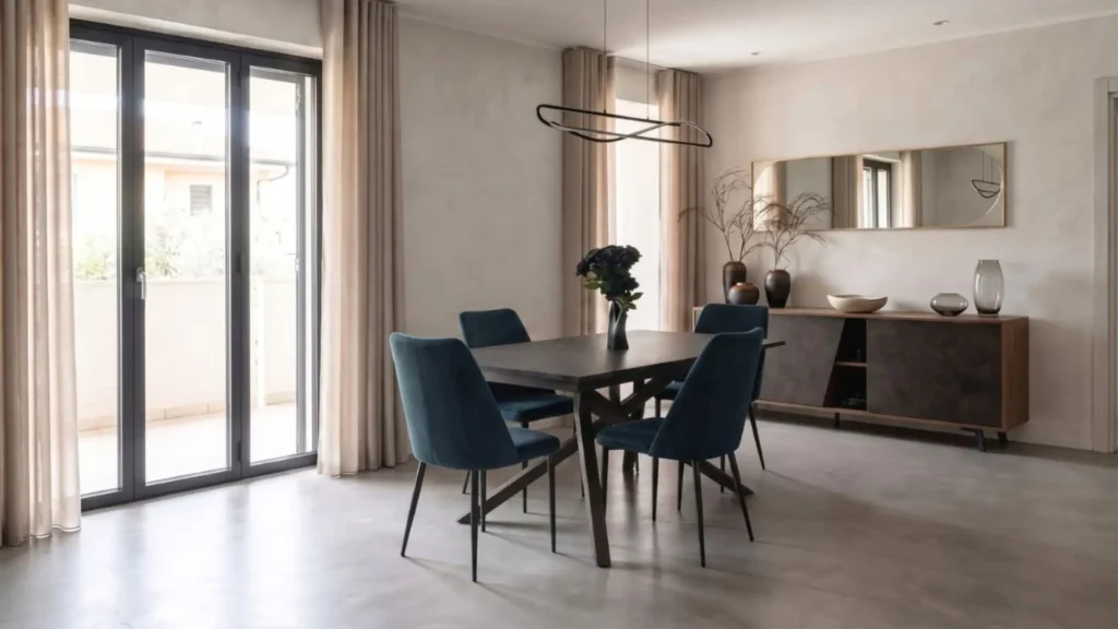 Tavolo modello Salina effetto marmo e sedie Fosca in un living moderno arredato da BEHOME