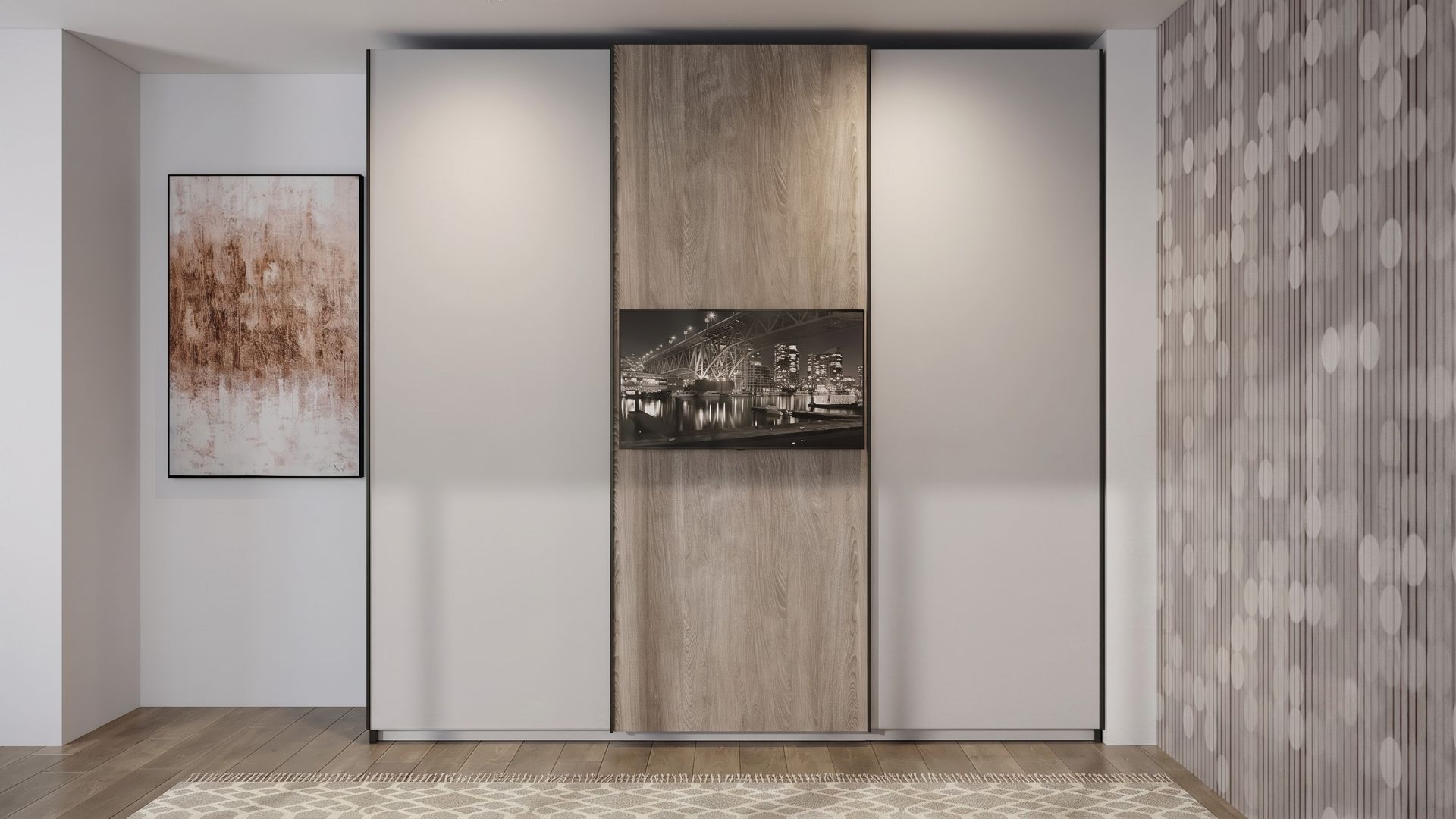 Visione frontale dell'armadio tre ante Tralice di BEHOME con TV integrata nel pannello centrale in finitura legno.
