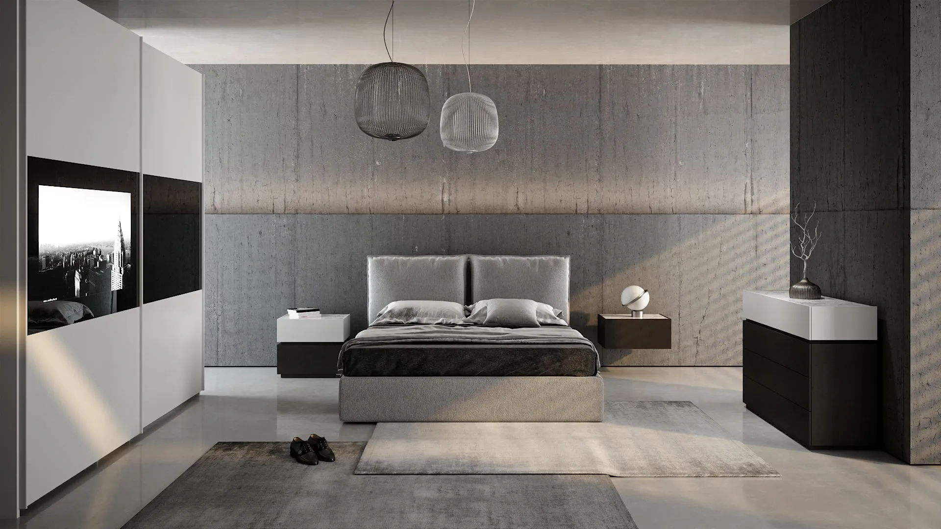 Camera da letto Aversa di BEHOME con letto grigio, arredi moderni bianchi e neri e grande armadio con TV integrata.