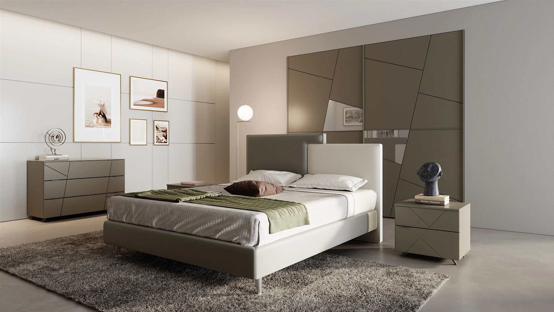 Camera da letto Graffiti di BEHOME con letto bicolore, arredi coordinati e grande armadio con tagli geometrici.