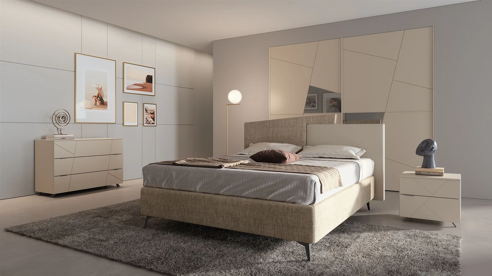 Camera da letto Graffiti Gold di BEHOME con letto imbottito, arredi chiari coordinati e armadio con geometrie.