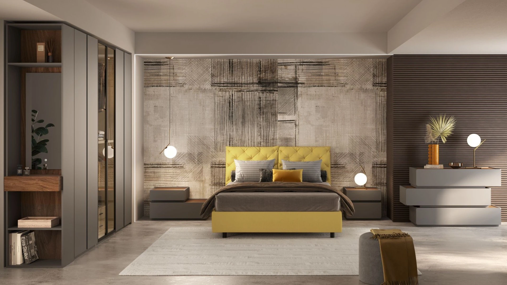 Camera da letto Joanna di BEHOME con letto giallo, ampio armadio grigio con vetrina e comò dal design moderno.