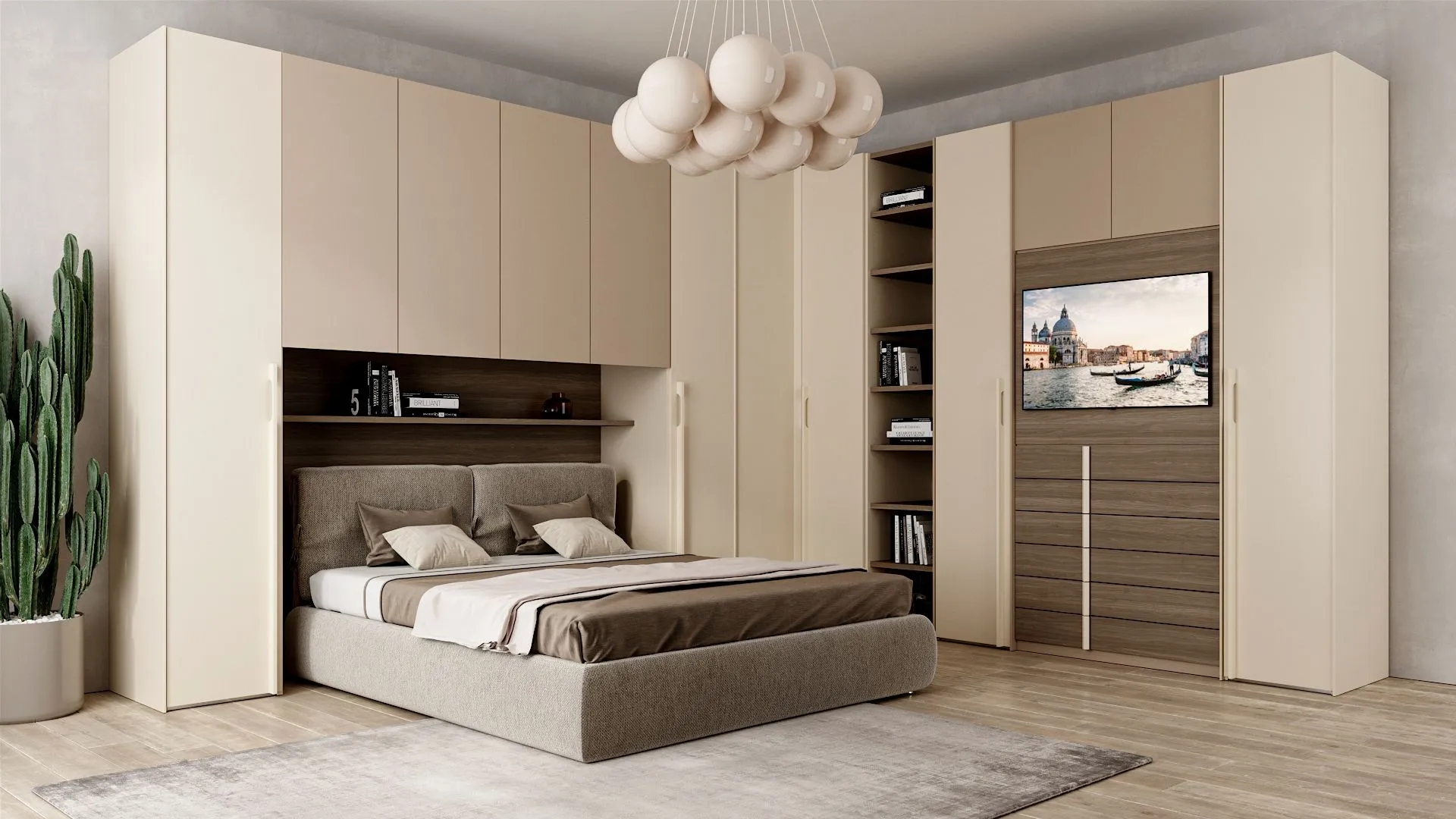 Camera da letto Romantica di BEHOME: letto grigio e armadio a ponte angolare beige con modulo TV.