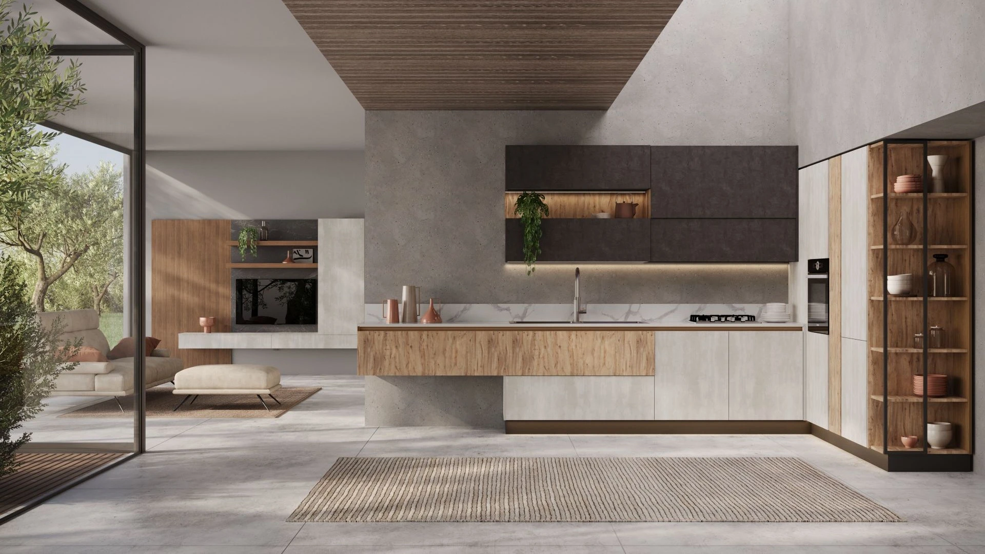 Cucina angolare Andromeda BEHOME con mobili sospesi in legno e basi grigio cemento in un open space moderno con vista giardino.