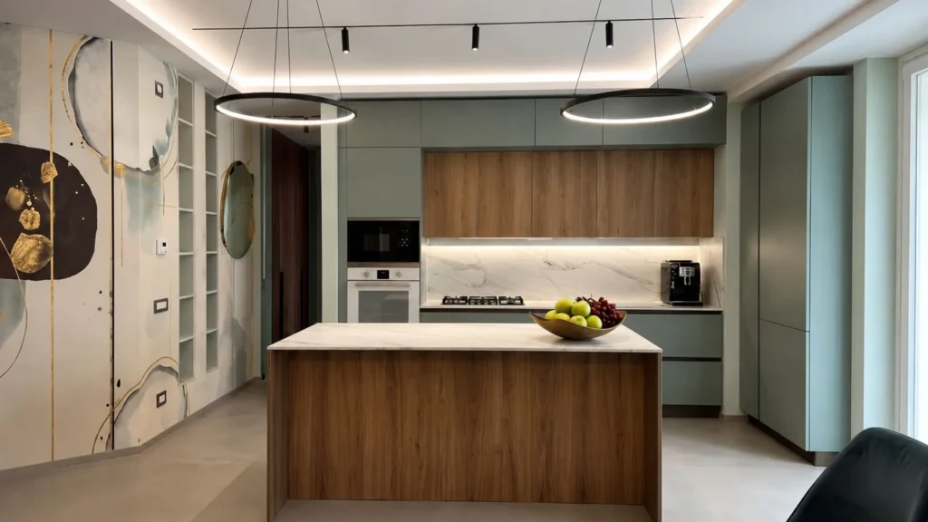 Dettaglio cucina moderna modello Ines verde steppa con isola centrale, top in gres calacatta oro e rovere biondo